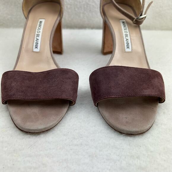 Authentic Manolo Blahnik Brown Gray Suede Strappy Sandal Block Heel 38.5 (US 8) - Picture 3 of 16